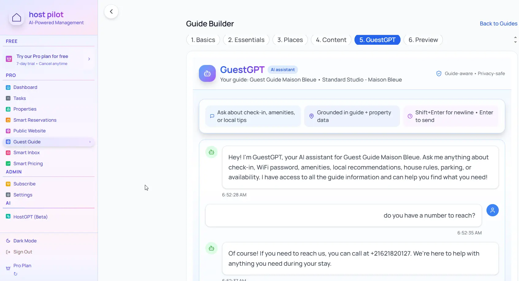 GuestGPT virtual concierge AI assistant in guest guide builder interface