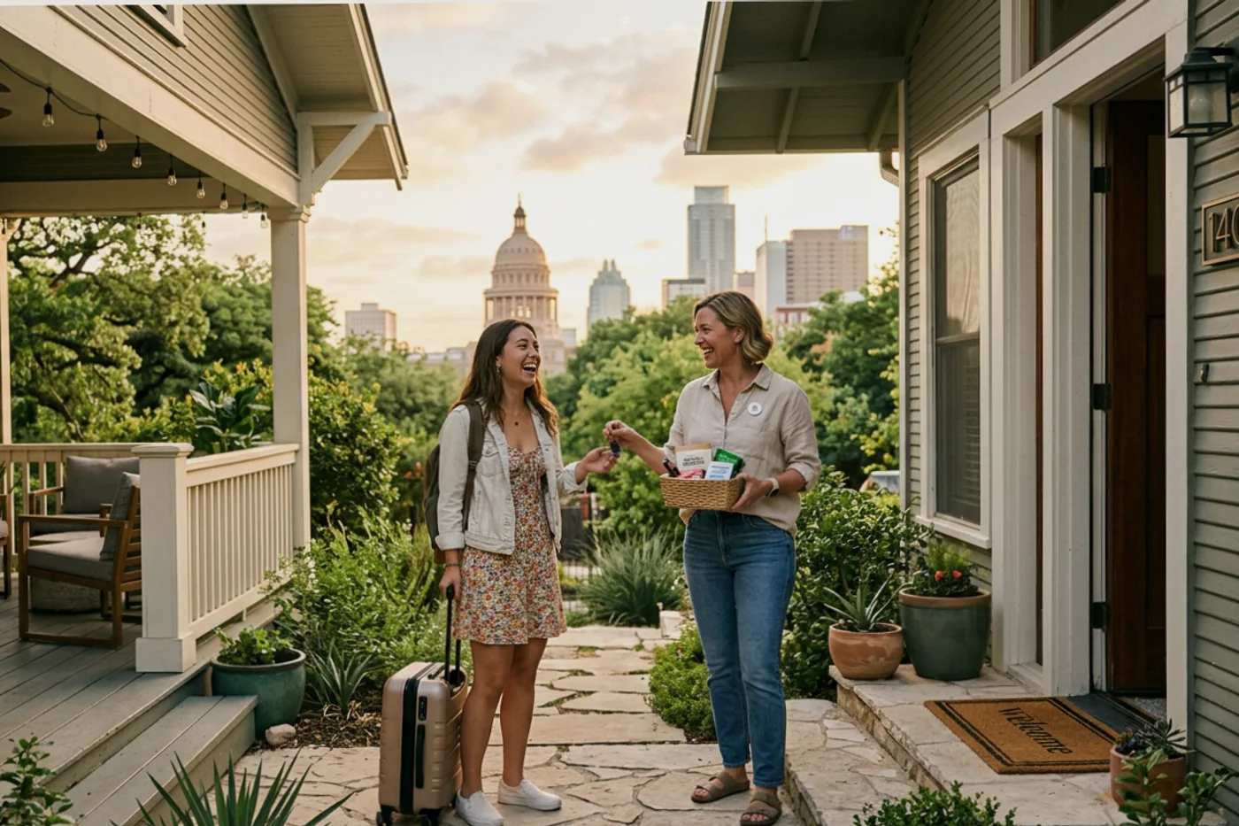 Austin host and guest using ai receptionist software workflow with Texas State Capitol in the background