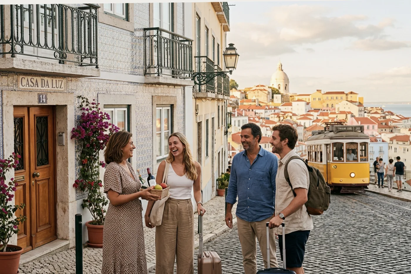 Lisbon host and guest using ai receptionist software workflow with Tram 28 and Alfama viewpoints in the background