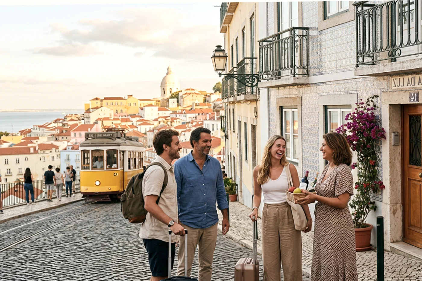 Lisbon host and guest using airbnb guest guide workflow with Tram 28 and Alfama viewpoints in the background