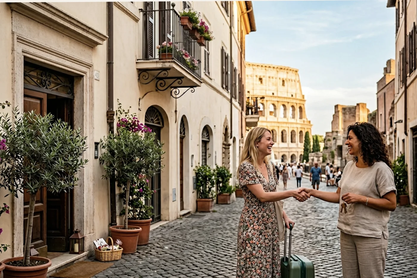 Rome host and guest using airbnb guest guide workflow with Colosseum and Roman streets in the background
