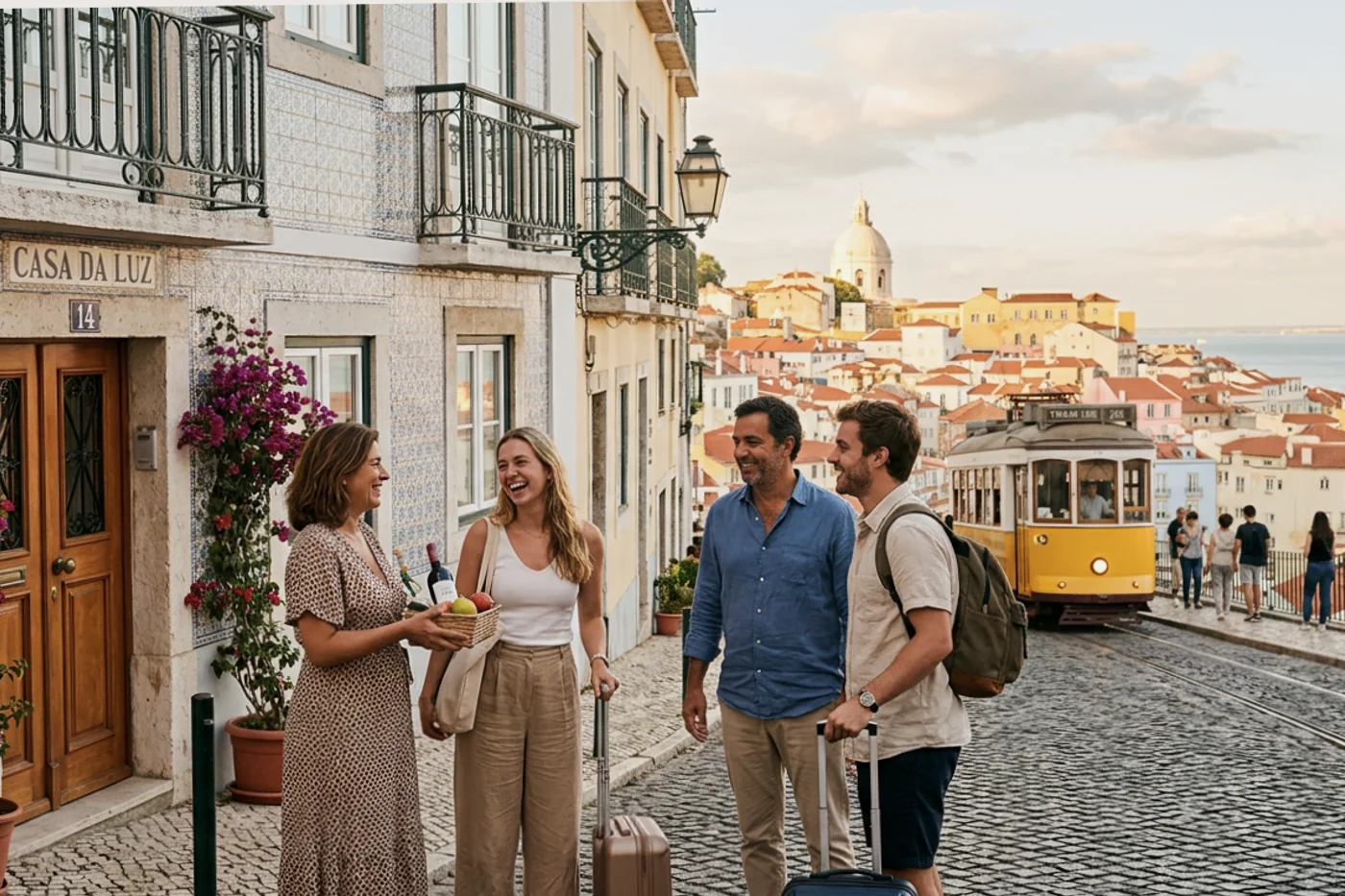 Lisbon host and guest using airbnb pricing tool workflow with Tram 28 and Alfama viewpoints in the background