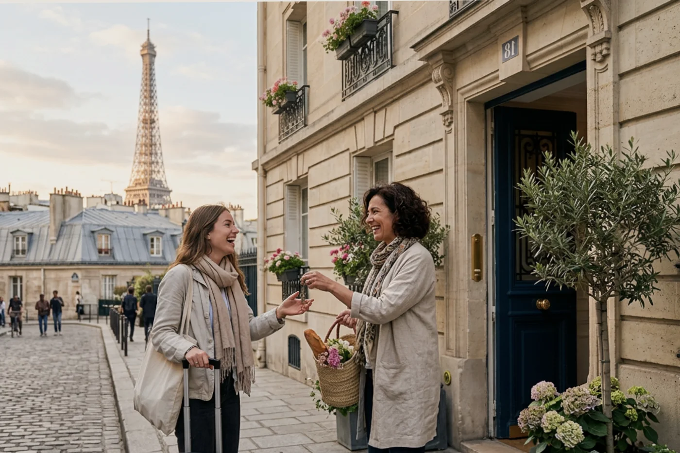Paris host and guest using airbnb pricing tool workflow with Eiffel Tower and Parisian rooftops in the background