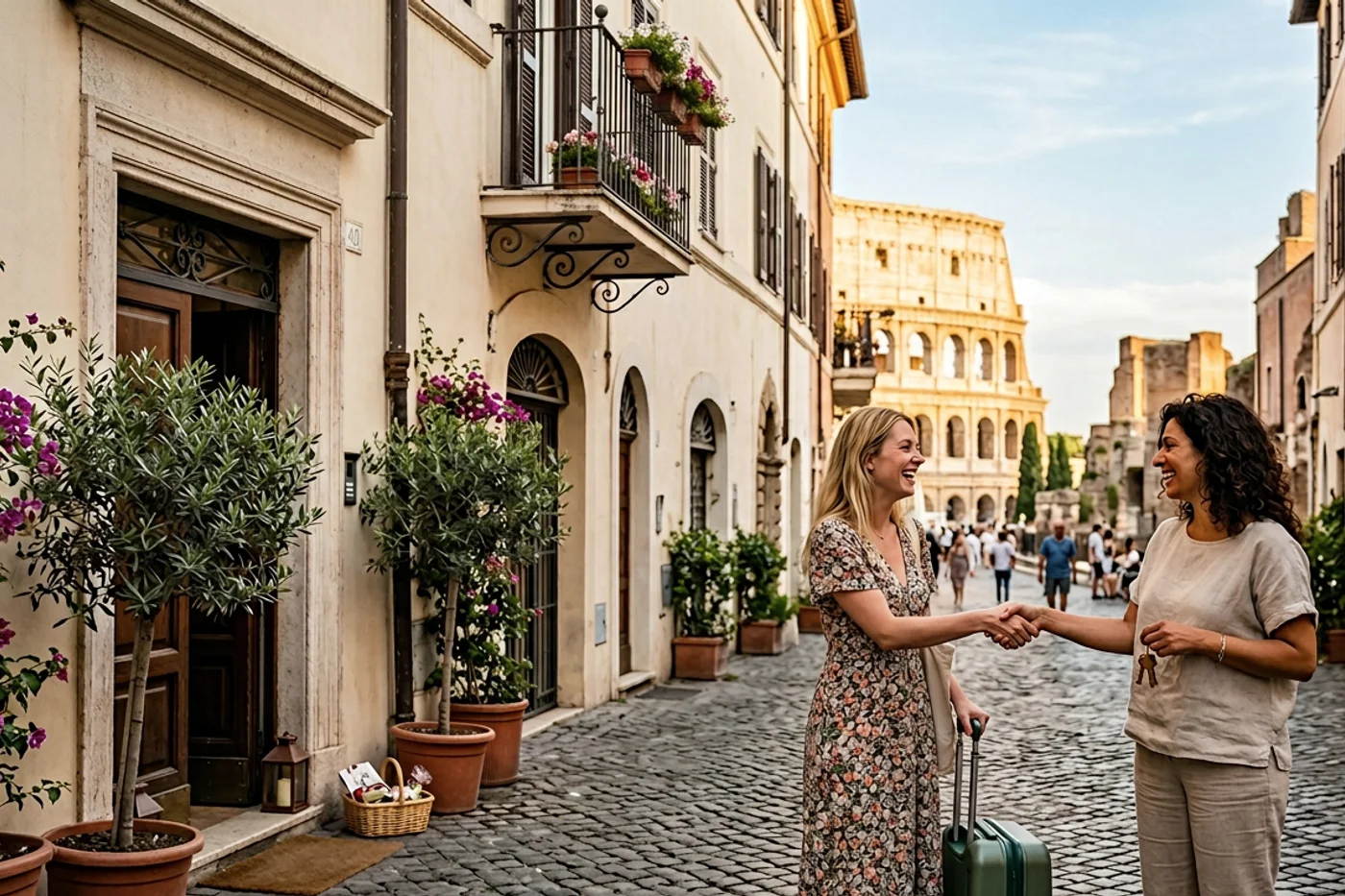Rome host and guest using airbnb pricing tool workflow with Colosseum and Roman streets in the background
