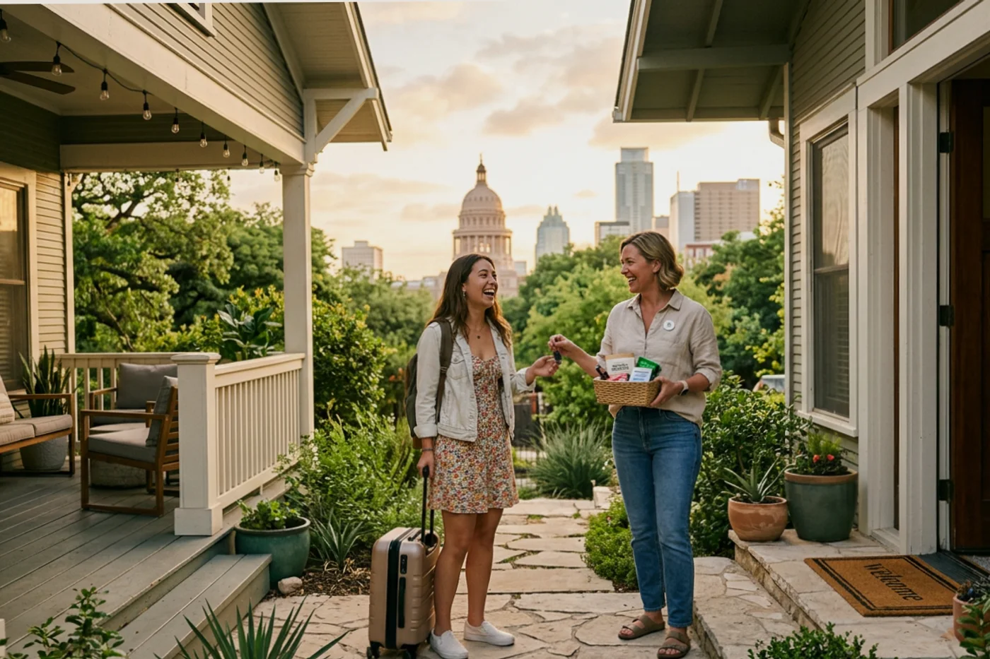 Austin host and guest using airbnb wifi password message workflow with Texas State Capitol in the background