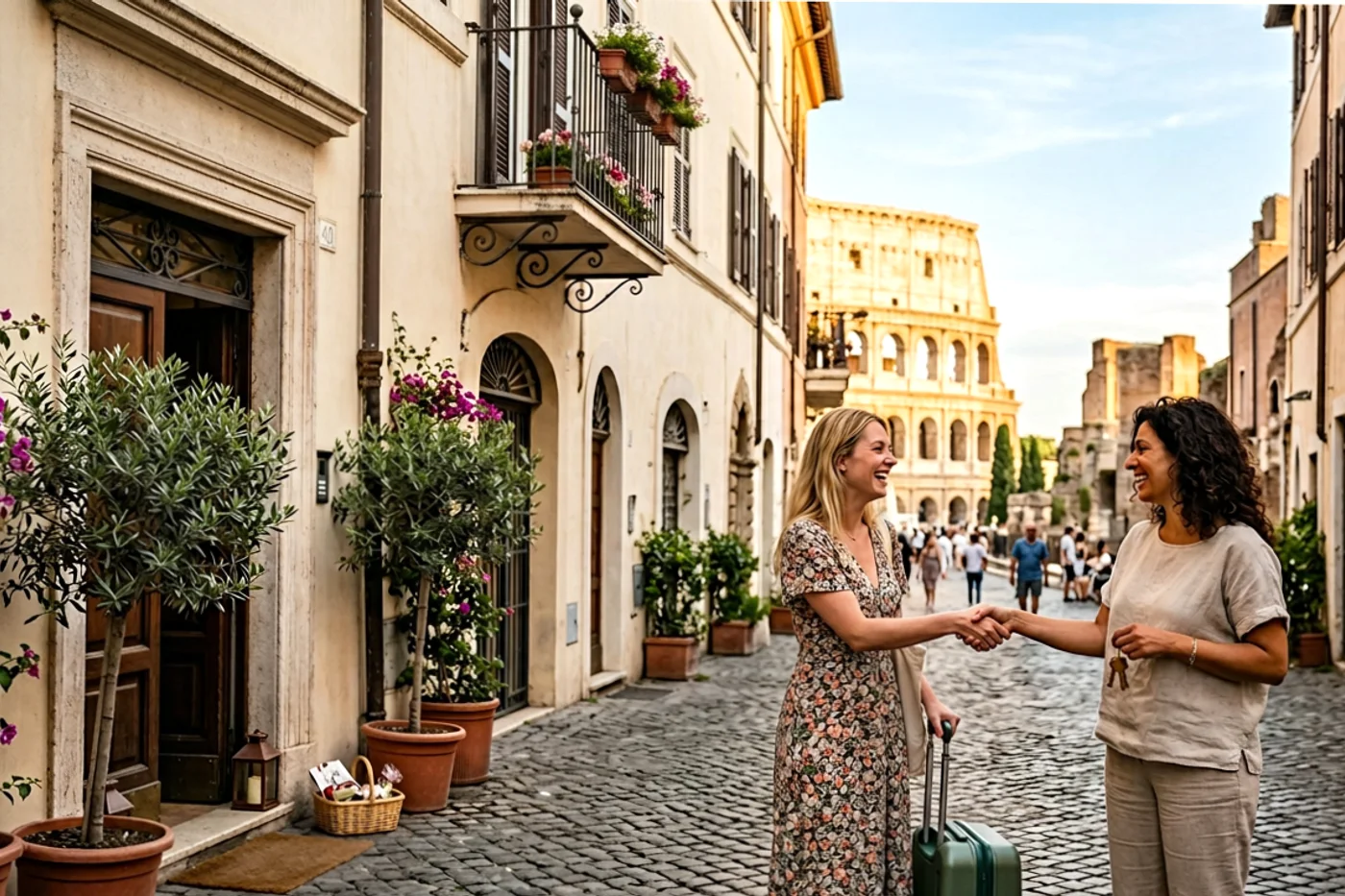 Rome host and guest using airbnb wifi password message workflow with Colosseum and Roman streets in the background