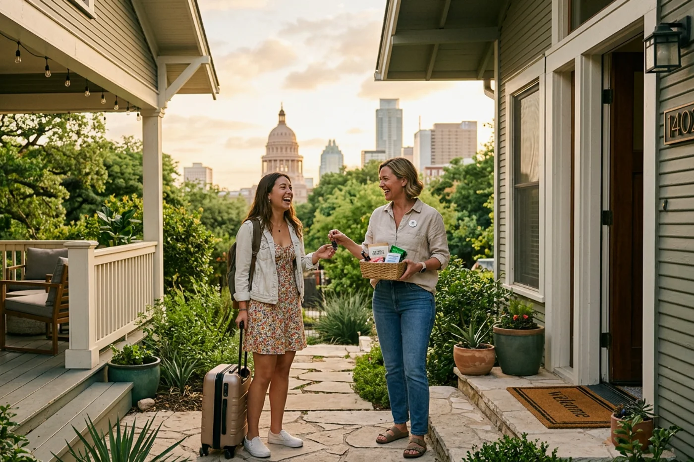 Austin host and guest using automate airbnb messages workflow with Texas State Capitol in the background