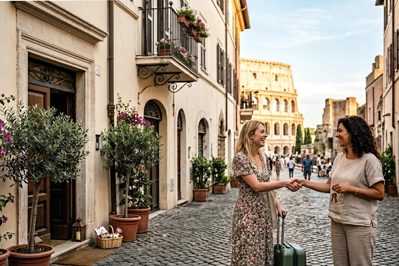 Rome host and guest using booking com pre arrival message workflow with Colosseum and Roman streets in the background
