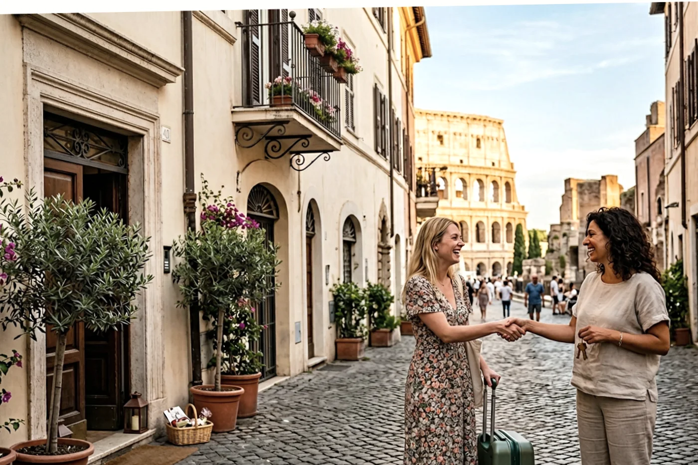 Rome host and guest using manage reservations airbnb workflow with Colosseum and Roman streets in the background