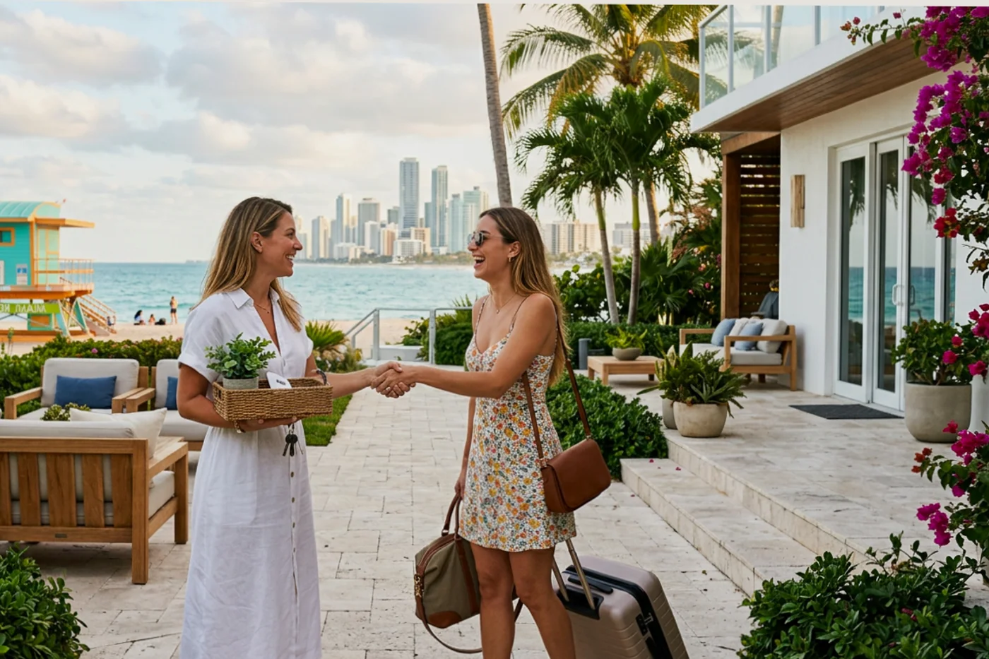 Miami host and guest using sync airbnb booking calendar workflow with Miami Beach lifeguard towers in the background
