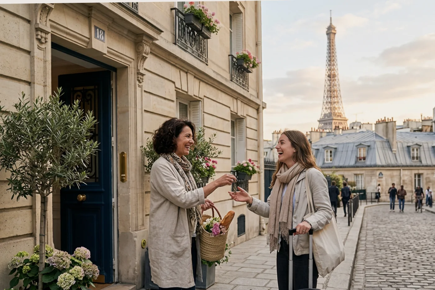 Paris host and guest using sync airbnb booking calendar workflow with Eiffel Tower and Parisian rooftops in the background